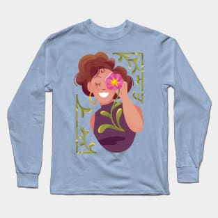 Woman Holding Flower On Her Eye Long Sleeve T-Shirt